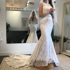 Mikaella Elegant Lace Wedding Dress with Train